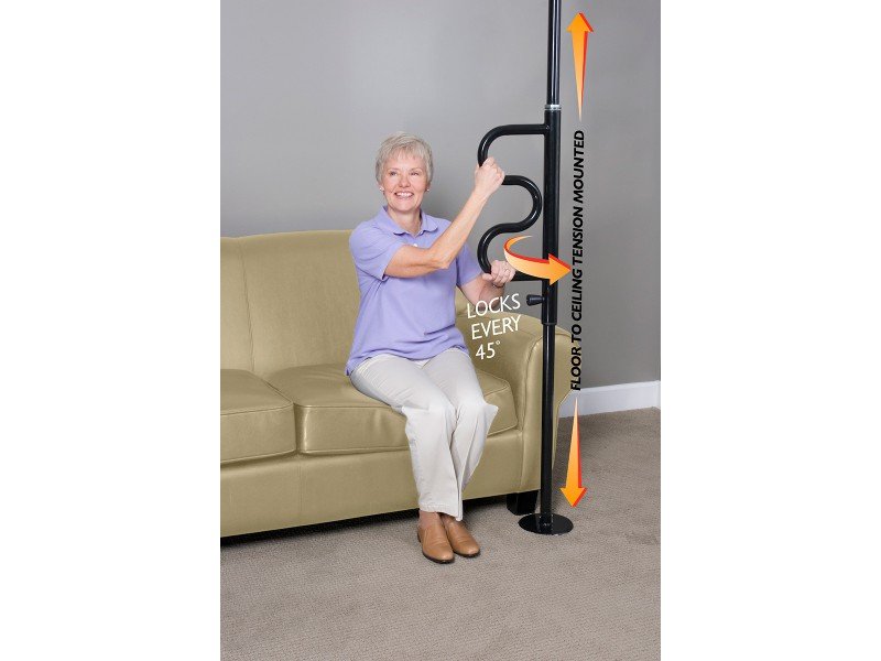 LOCKING FLOOR TO CEILING STANDER SAFETY POLE WITH CURVED GRAB BAR