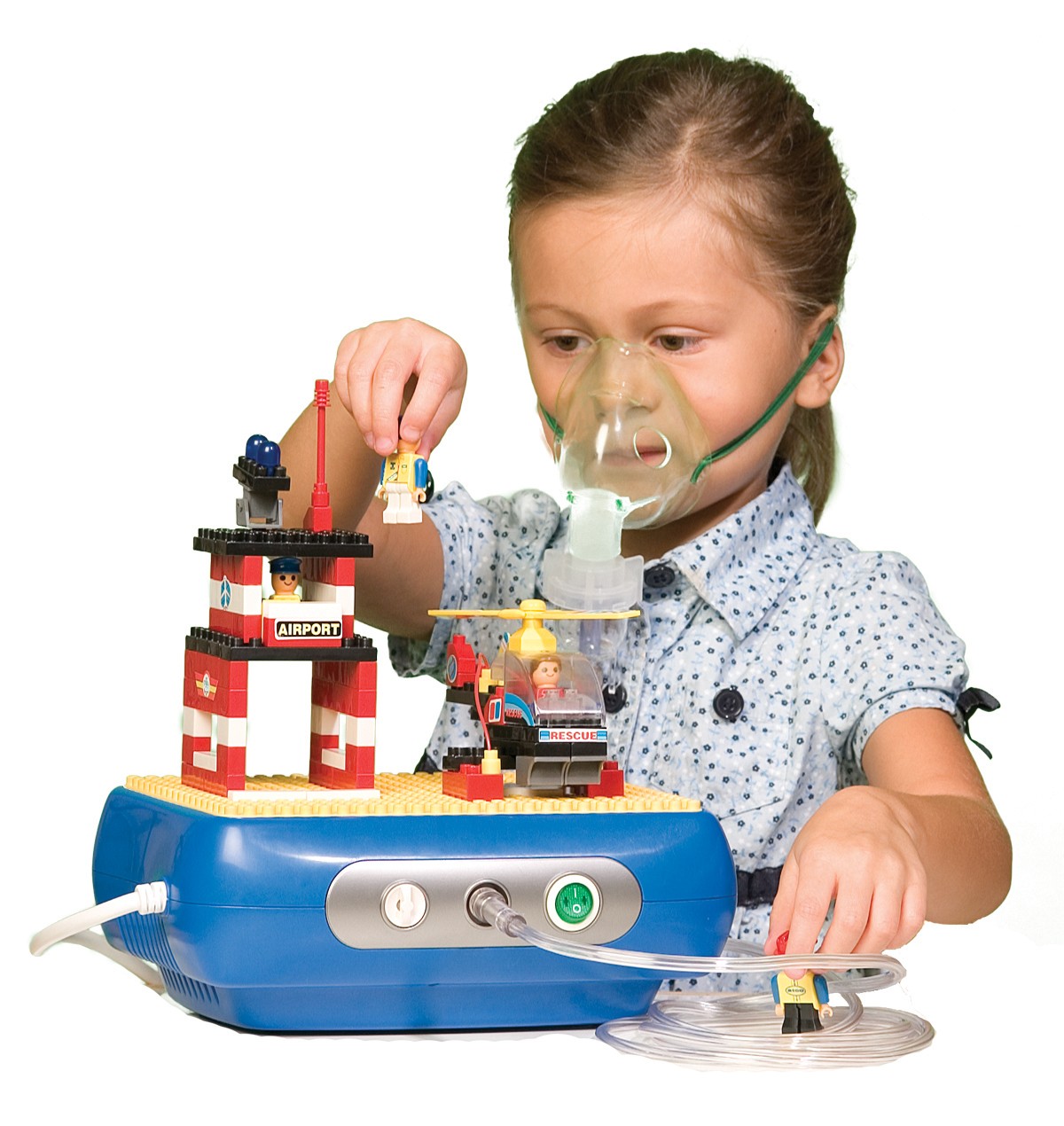 CHILD PLAYING WITH INTERACTIVE BUILDING BLOCK COMPRESSOR NEBULIZER